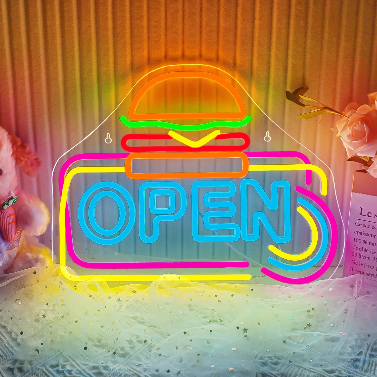 Open Hamburger Neon Sign For Wall Decor Room Decoration For Food Business Shop Dimmable Led Lights Welcome Signs USB Power Lamp