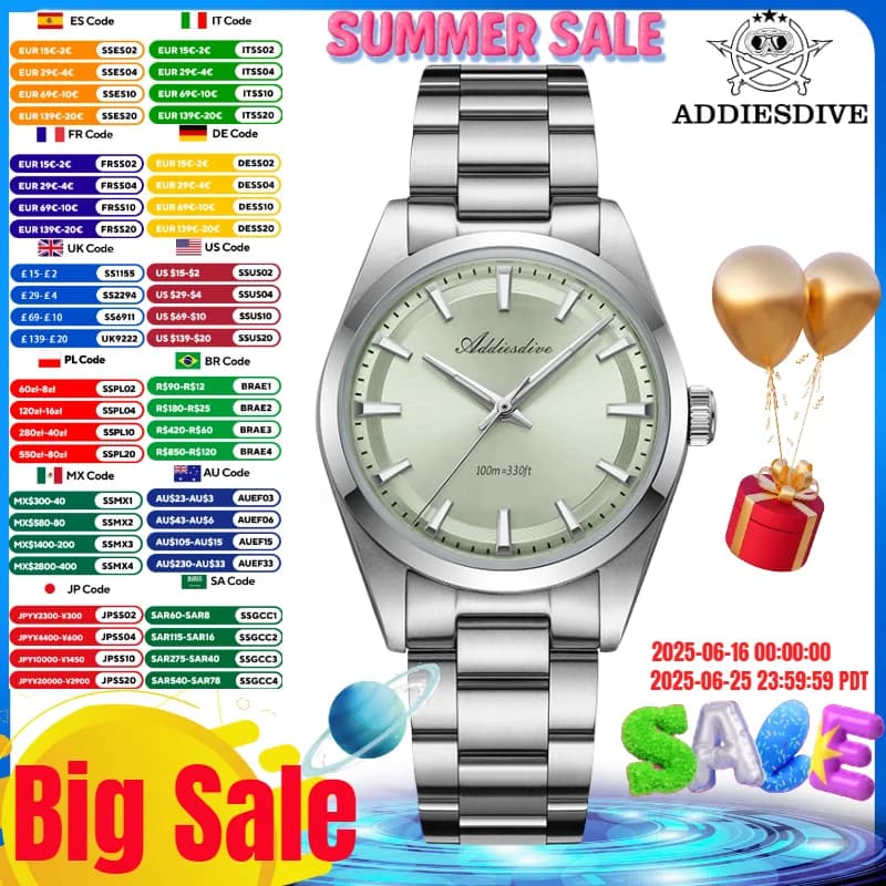 ADDIESDIVE 36mm AD2066 Men Watch BGW9 Luminou Bubble Mirror Glass 316L Stainless Steel Reloj Hombre 100m Waterproof Quartz Watch