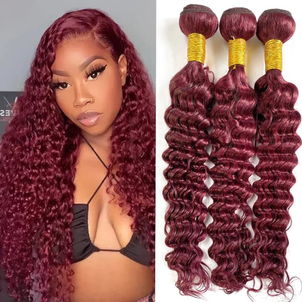 Deep Wave Human Hair Bundles 99j Burgundy Color 100% Brazilian Human Hair 3 Bundle Wine Red Hair Extension 26 28 30 Inch