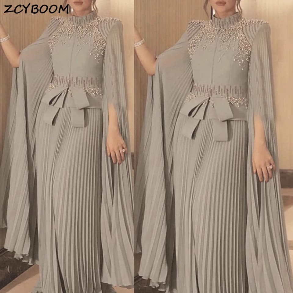 Gray Mother Of The Bride Dresses 2025 Wedding Party Long Sleeves Chiffon Pleated Beading Formal Party Night Vestido De Festa