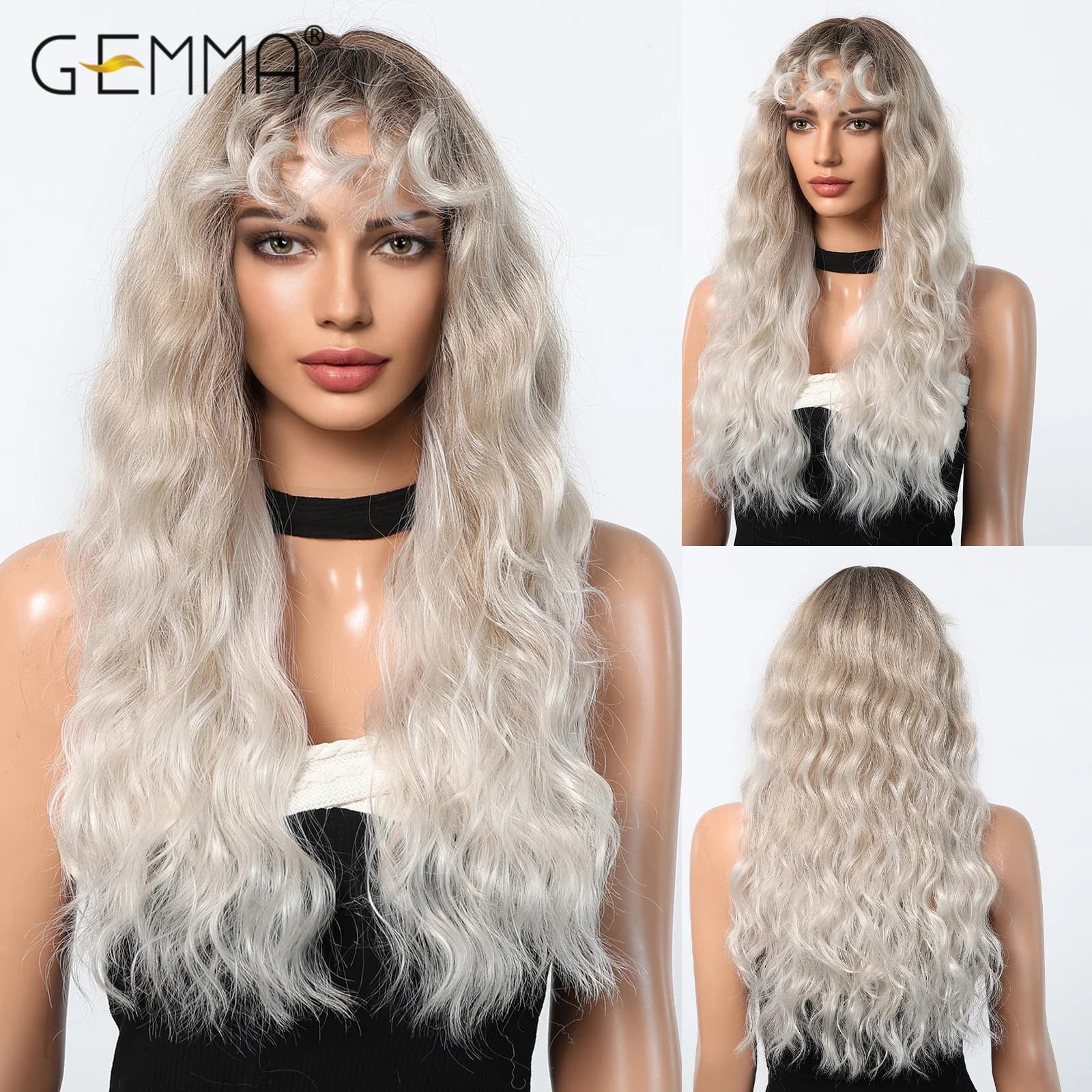 Synthetic Long Water Wave Ombre Platinum Blonde Wigs with Curly Bangs for Women Natural Hair Cosplay Daily Heat Resistant Wig