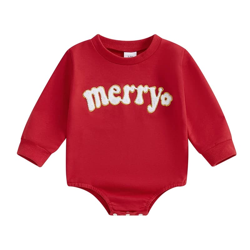 Infant Christmas Romper with Embroidered Letters Long Sleeve Round Neck Jumpsuit for Baby Girls Stylish Streetwear Sweatshirt