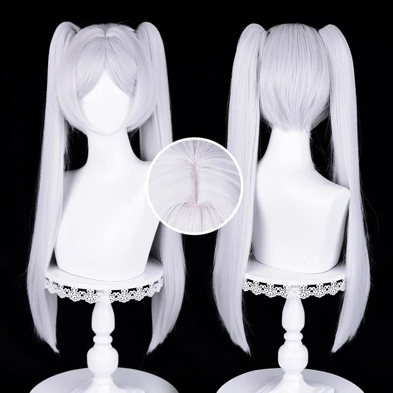 Anime Frieren Cosplay Wig 68cm Silver White Two Ponytails Heat Resistant Synthetic Hair + Wig Cap