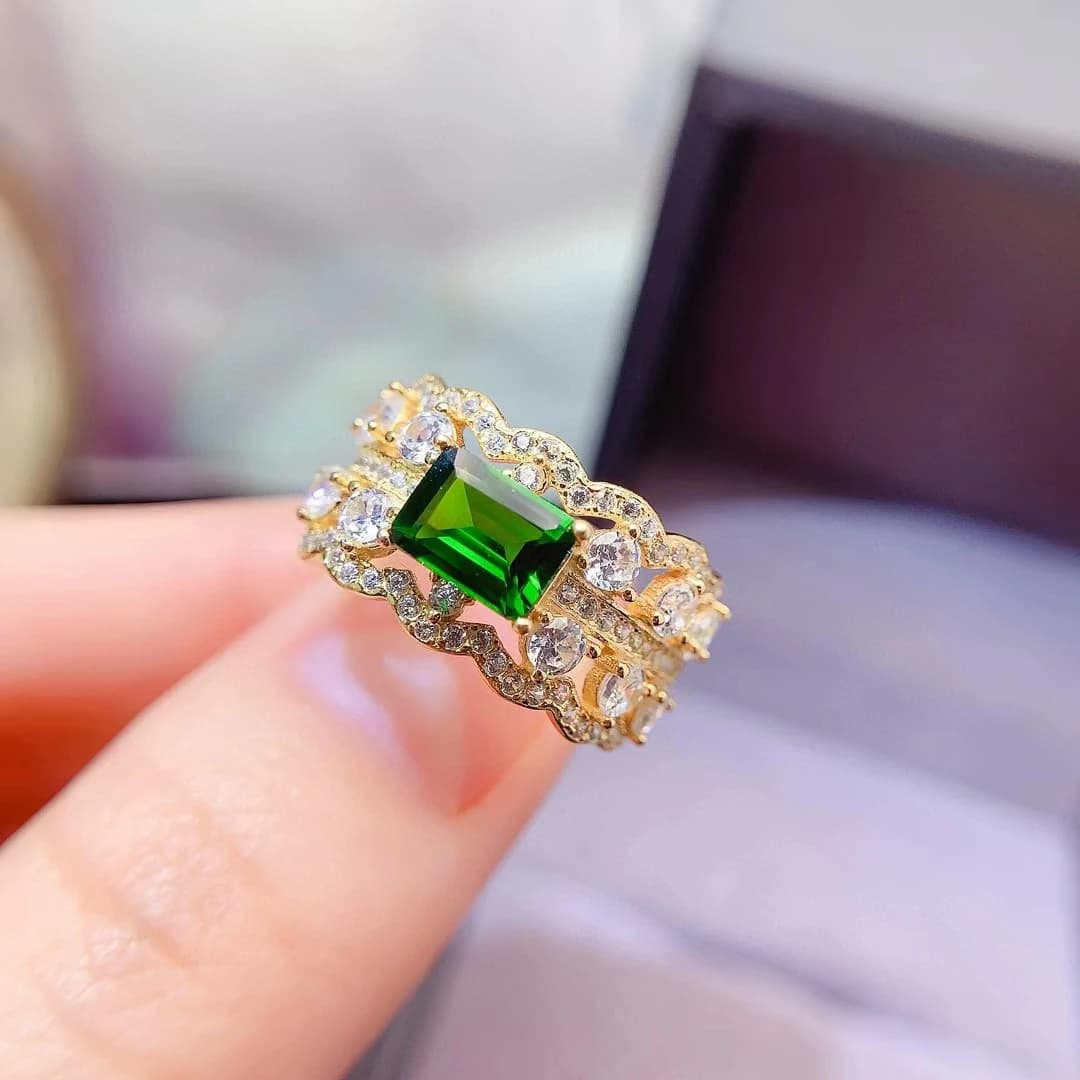 18K Gold Plated Baroque Style 925 Silver Ring for Party 5mm*7mm 0.8ct Natural Chrome Diopside Ring Gift for Women