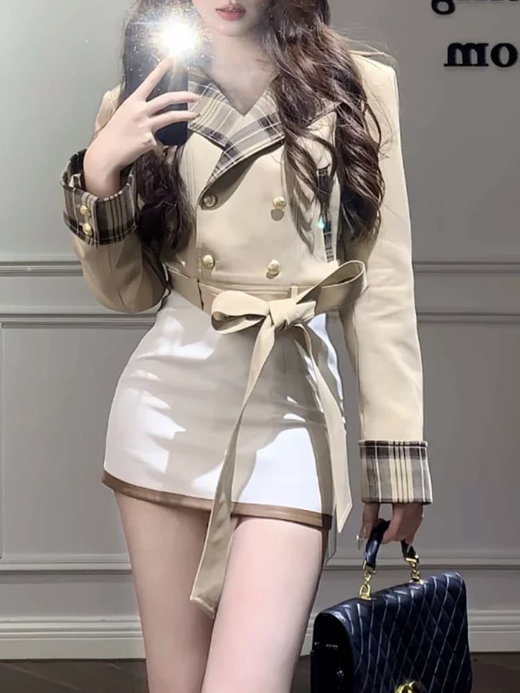 Winter British Styleh Japanese Sweet 2 Piece Set Women Designer Belt Coat + White Mini Skirt New Design College Style Suit 2024