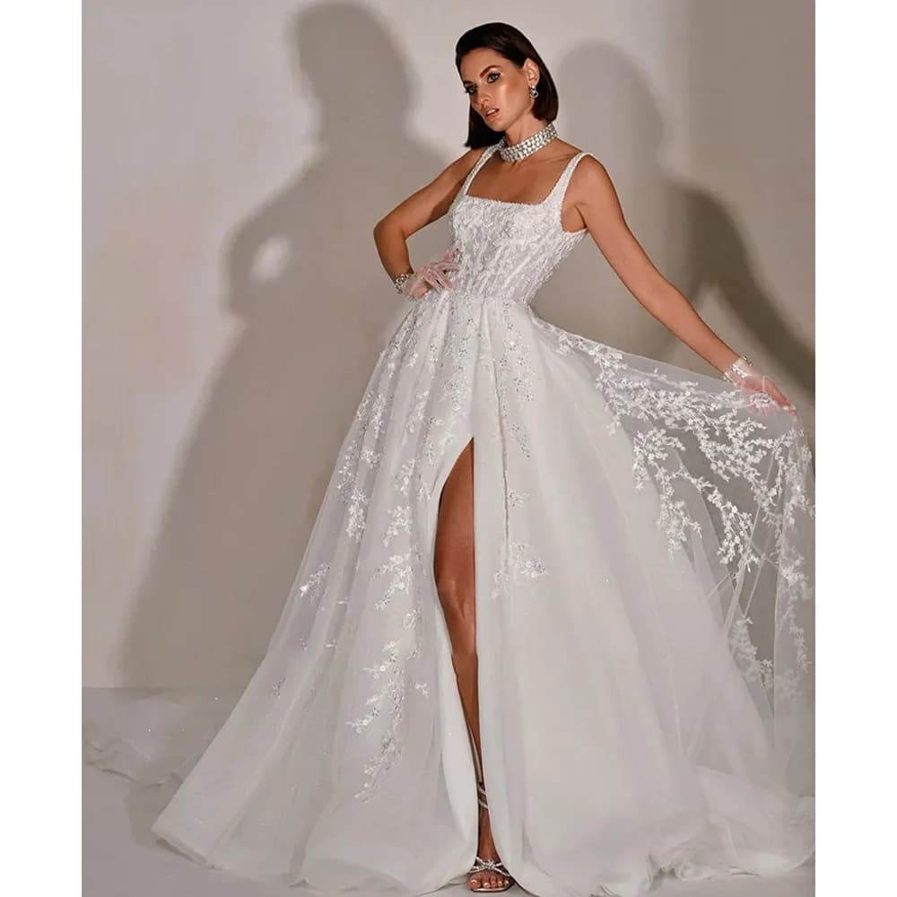 Fashion Square Collar Appliques Wedding Dresses White Elegant Lace Backless Sequined A-Line Gowns Chic Side Slit Bride Dresses