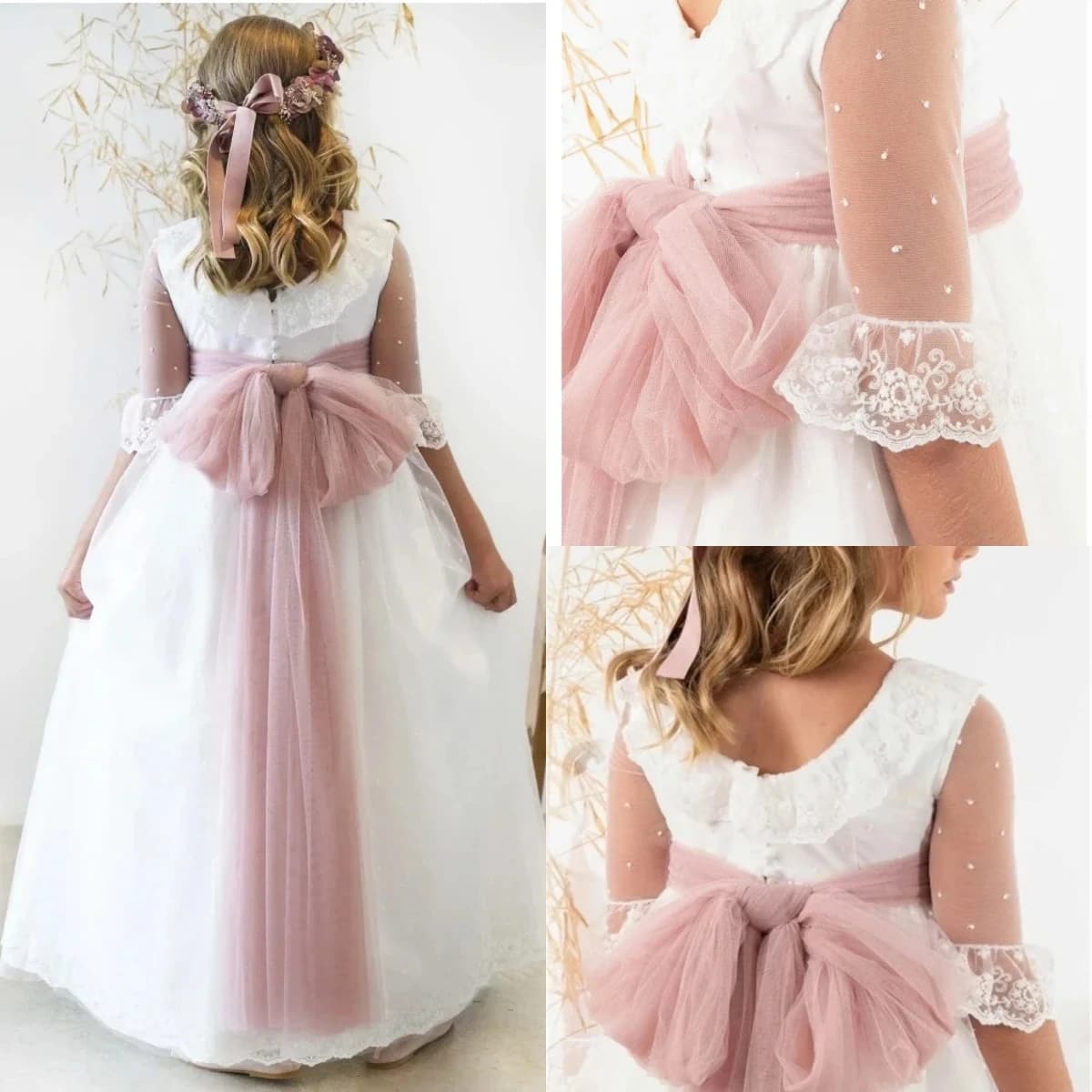 Elegant Idyllic First Communion Gown Flower Girl Dress Bow Sash Tulle Appliques Wedding Dresses Kids Birthday Party Gowns