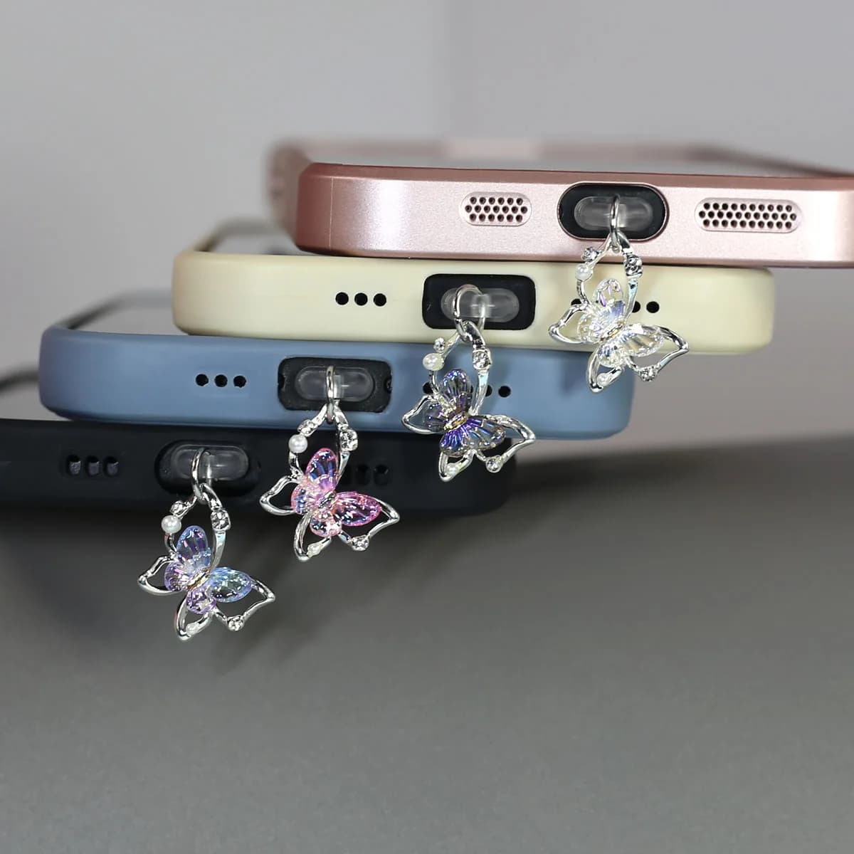 Mobile Phone Dust Plug Pendant New Butterfly With Artificial Pearls And Diamonds Accessory Decoration For IPhone Type-c Port