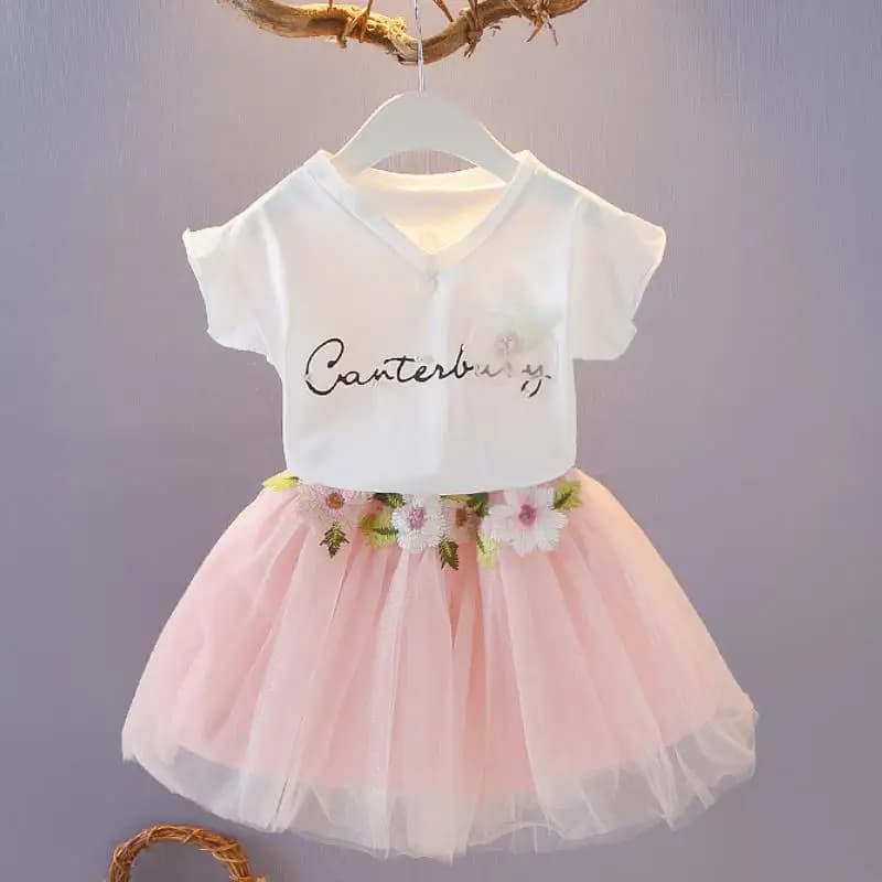 Fashion Kids Clothing Sets Summer Baby Girls Clothes Flower Printing T-shirt + Skirt Suit 2Pcs Kids Clothes letter Girls Suit