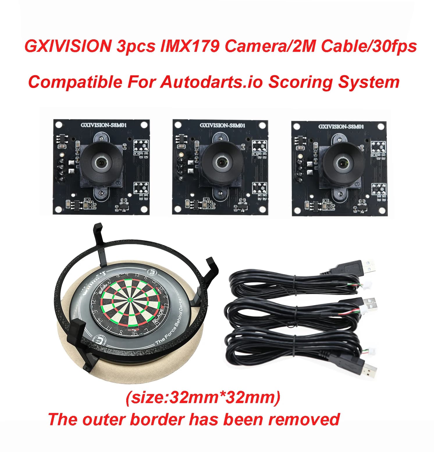 GXIVISION IMX179 Camera Module 2M Cable 30fps 3mm Lens Without Distortion,Compatible For Autodarts. io DIY Webcam,USB Drive Free