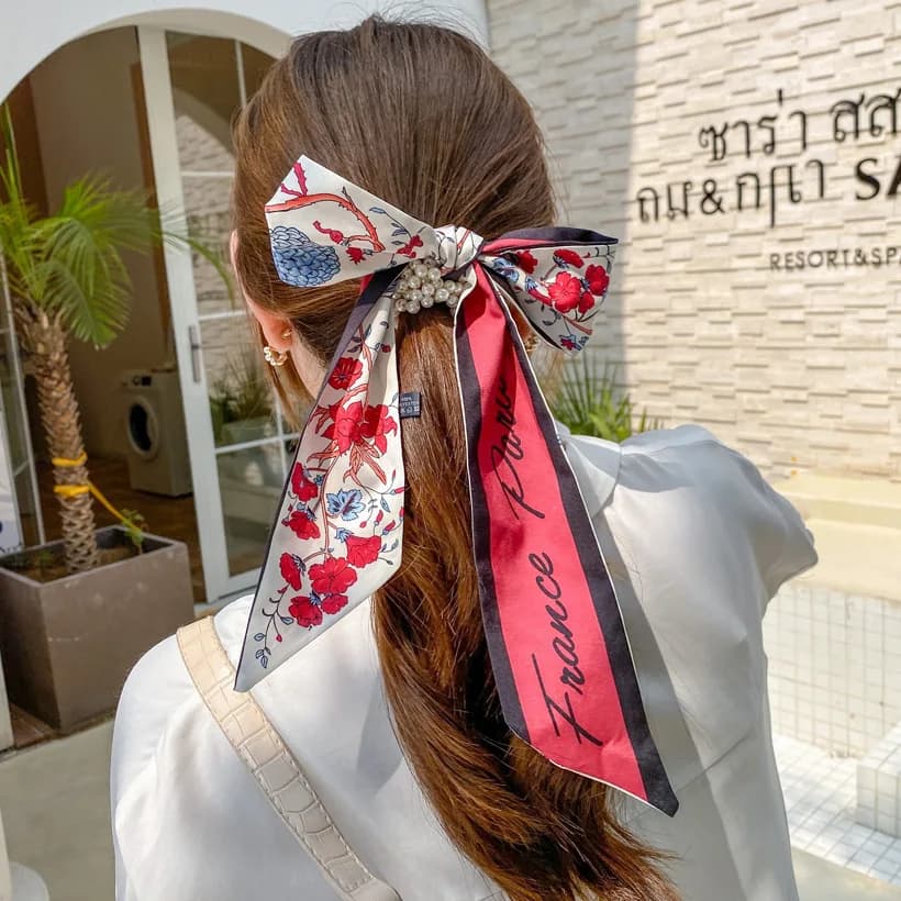 2024 Korean style Streamers Women's Bow Tie Hair Ponytail Headband Silk Scarf Pearl Rainbow Scrunchie Net Red Hair Accessories
