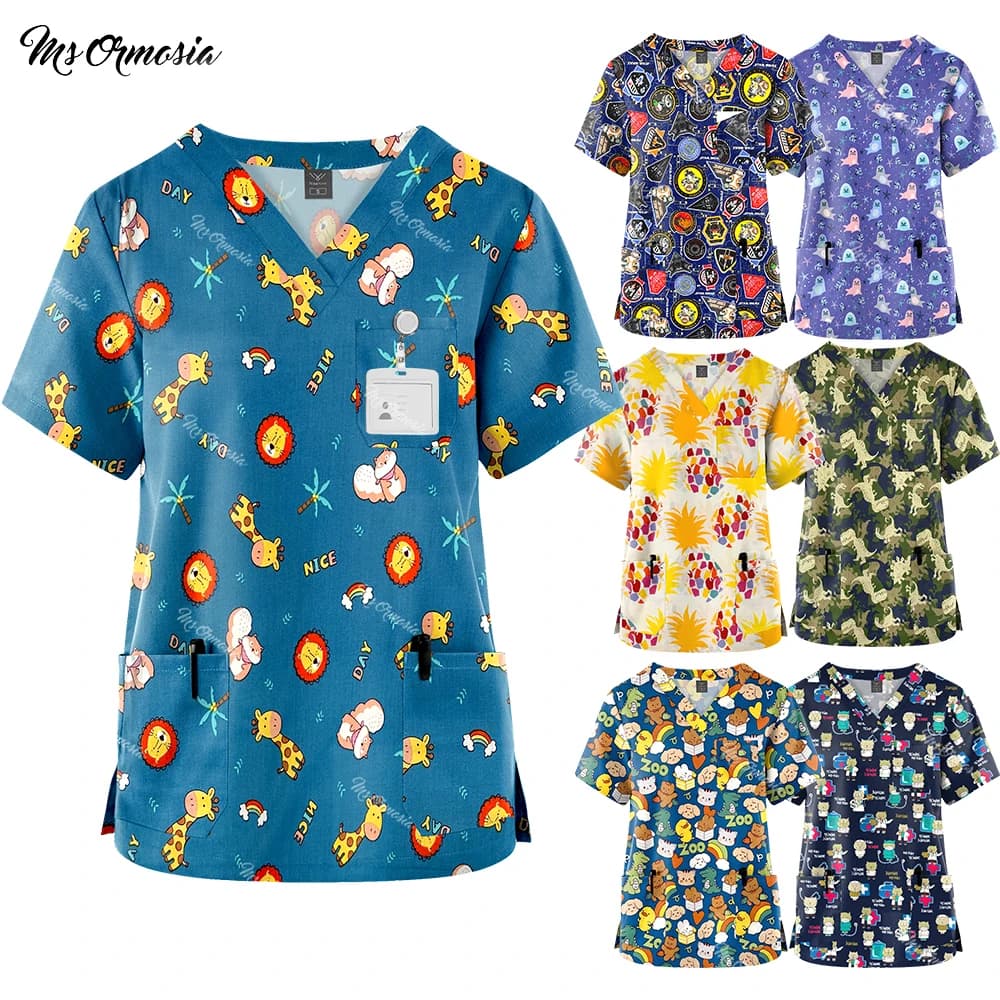 Nurse Uniform Women's Cute Cartoon Printed Top Surgical Uniforms 3 Pockets Blouse Medical Scrubs T-shirt Men Nursing Accessories