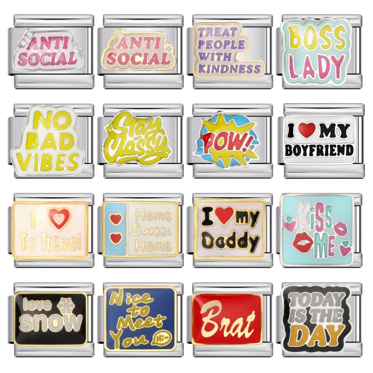 Fashion Women Men Y2k Colorful Glaze Personality Words Italian Charm Link Fit 9mm Stainless Steel Bracelet DIY Making Jewelry