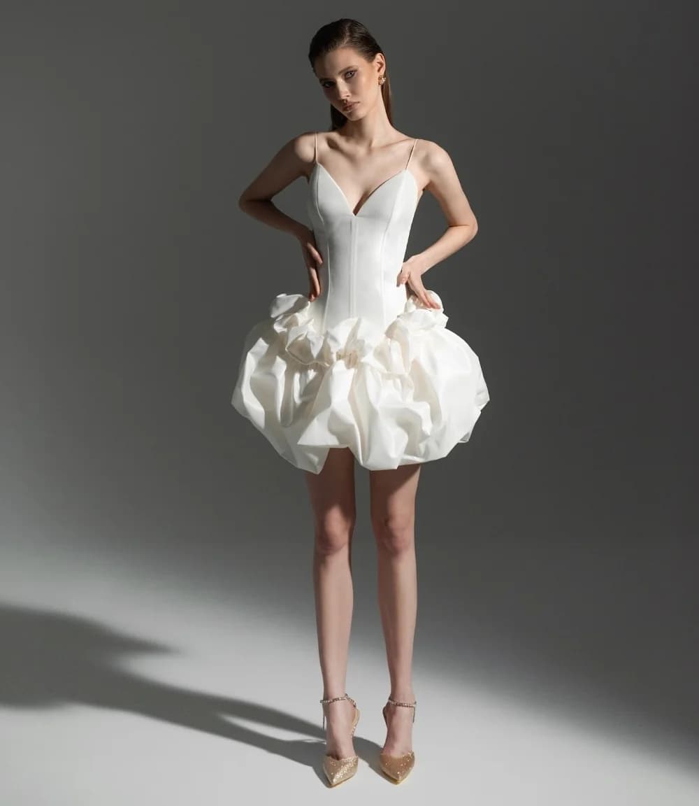 Customized High Quality Ruched Pleat A-line Spaghetti Strap V-neck Mini Dresses Celebrity  Simple Modern Style Fashion Matching