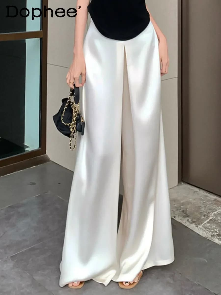 High-Grade Acetate Satin Wide-Leg Pants Women Spring Bell-Bottoms Pants Loose Casual Pants High Waist Oversized Long Pantalons