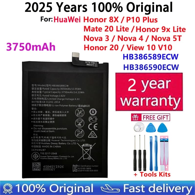 100% Original HB386590ECW For Huawei P10 Plus Honor 8X 9X Lite 20 Play View 10 Mate 20 Lite Nova 3 4 5T Battery Batteria