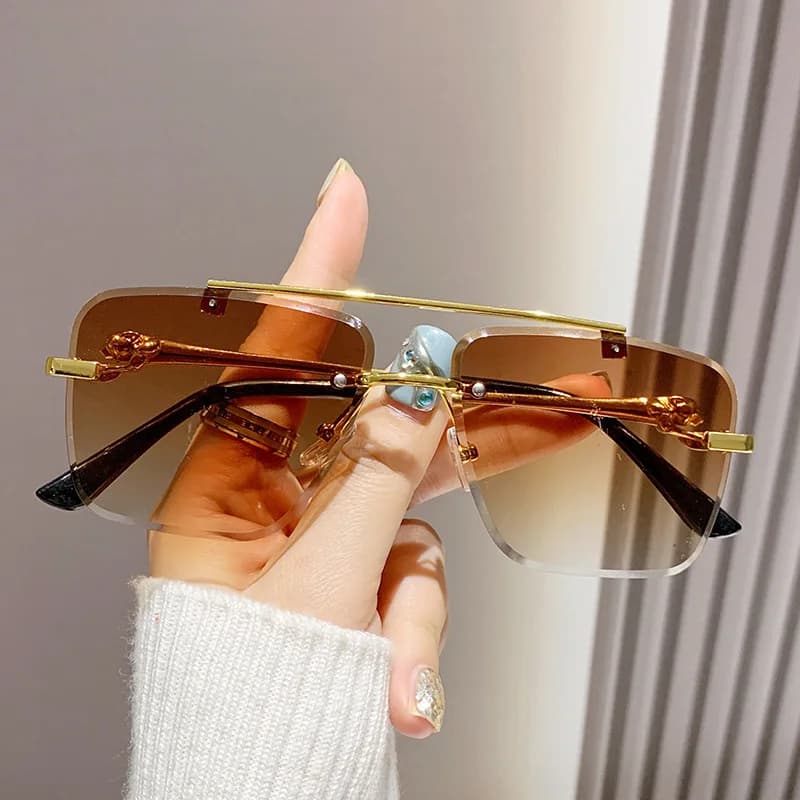 Rimless Square Pilot Sunglasses Women For Men Fashion Vintage Luxury Brand Designer Sun Glasses Punk Metal Gold Leopard Shades