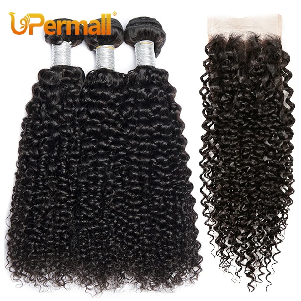 Upermall 3/4 Brazilian Remy Kinky Curly Human Hair Bundles With Closure HD Transparent 4x4 Lace Closure and Weave Extension Soft