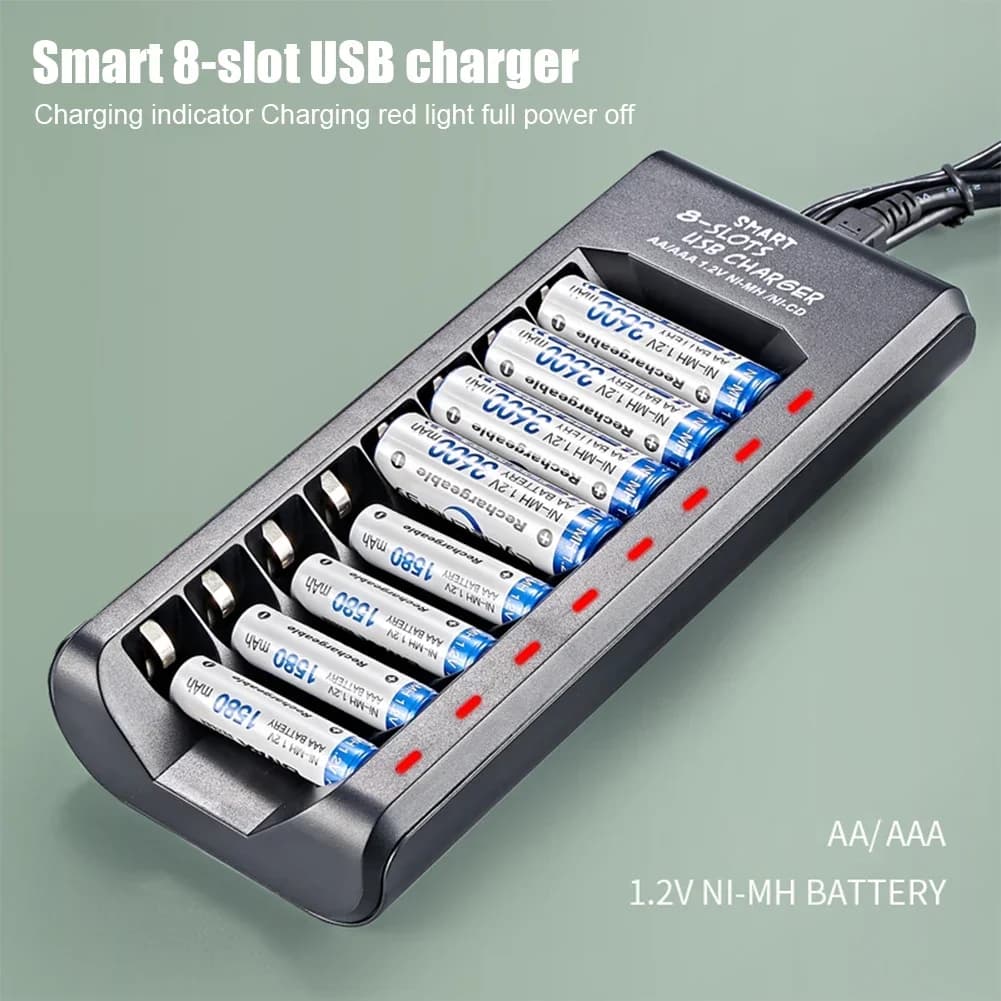 USB Output 8 Slots Fast Charging Short Circuit Protection for 1.2V NiMH AAA/AA Batteries Charger Rechargeable Battery Charger