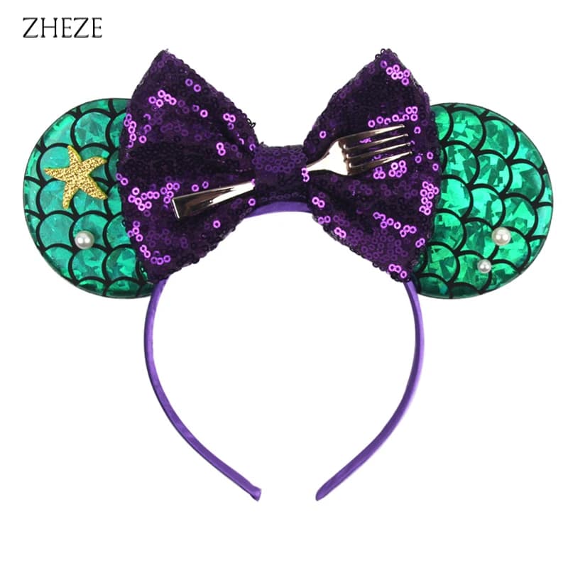 2025 New Chic Mermaid Mouse Ears Headband Girls Kids Glitter Starfish Hairband Sequin 5"Hair Bow Party DIY Hair Accessories
