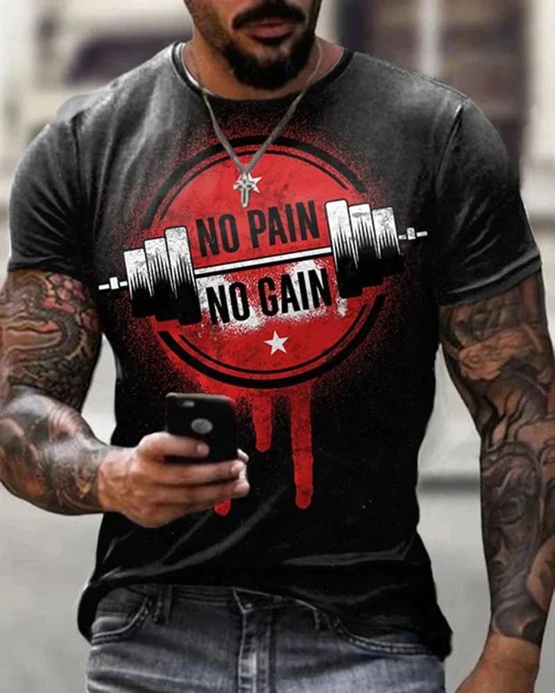 2023 Summer Men's Printed Casual Crew Neck Short Sleeve T-Shirt No Pain No Gain 3D Printed T Shirt
