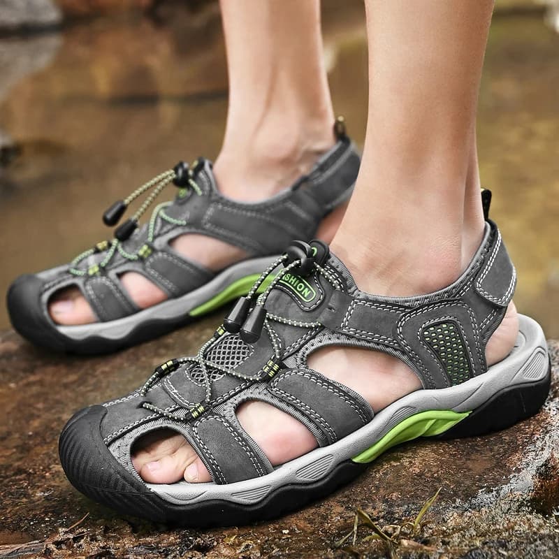 HIKEUP New Men Outdoor Leisure Shoes Top Layer Cowhide Beach Sandals Hiking Shoes Rubber Soles Sweat-Absorbing Summer Sandals
