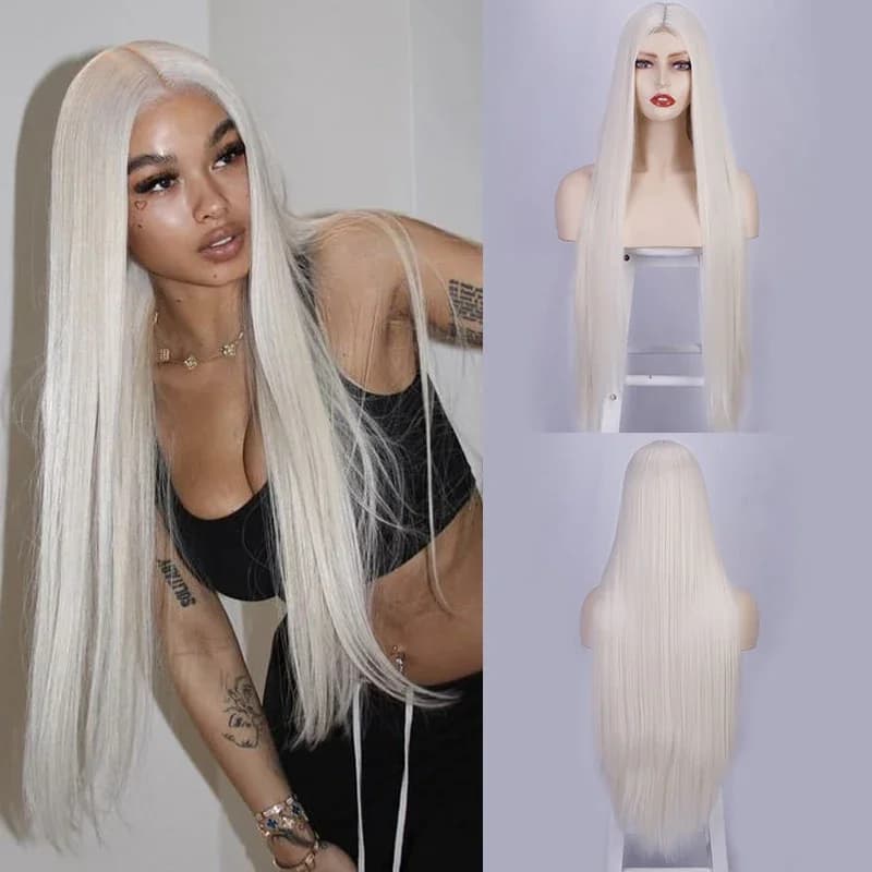 Long Synthetic Straight Wig 32 Inch White Middle Part Wigs for Women Cosplay Blonde Ginger Heat Resistant Fiber Hair Wig