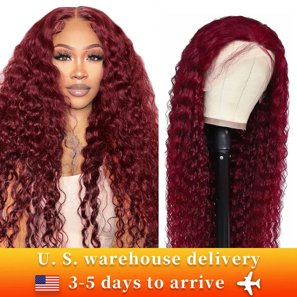 200 Density 30 Inch 13x5 Red 99J Burgundy Deep Wave Lace Frontal Wig Curly Glueless Lace Frontal Human Hair Wigs For Womem