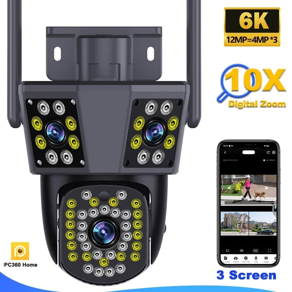 6K 12MP WiFi Camera Outdoor 10X Zoom Security CCTV Triple Lens Triple Screen Ai Track Mini Video Surveillance Camera IPC360 Home