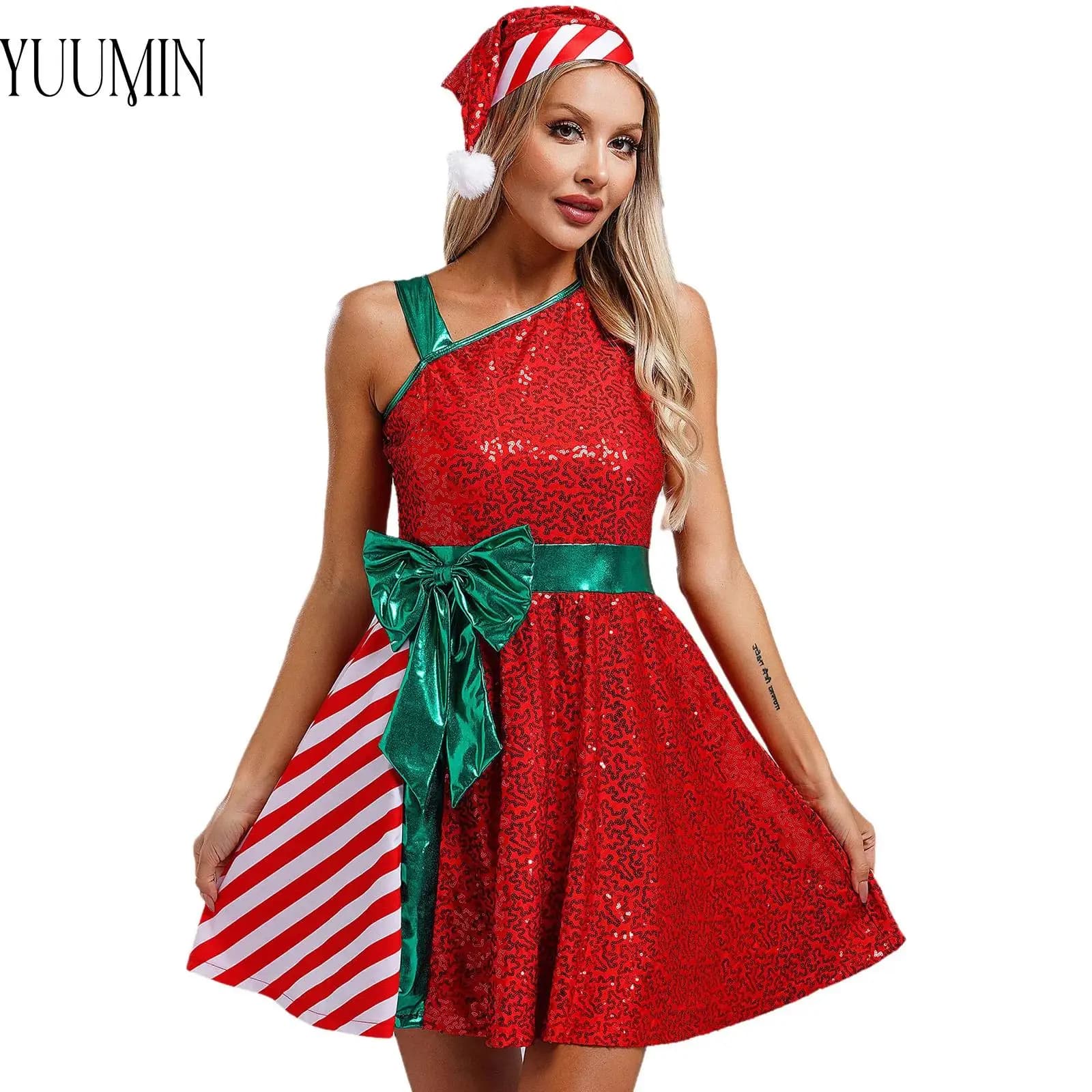 Women New 2024 Christmas Costume Dance Party Costume Santa Claus Costume Sleeveless Sequins Stripes Dress with Santa Hat Set