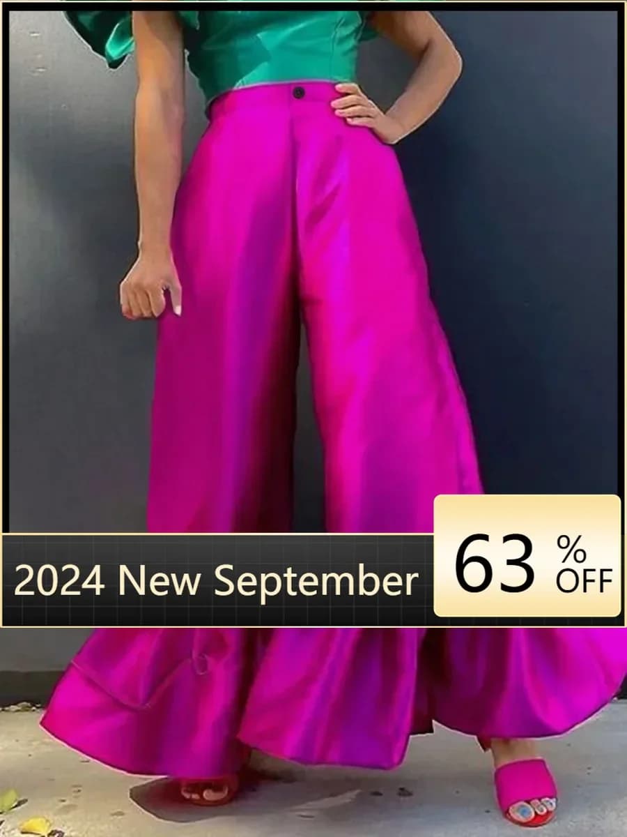 Customized Fuchsia High Waist Pants Shiny Flare Pleated Wide Leg Trendy Long Capris Women Cocktail Party Bottoms Trim Trousers L