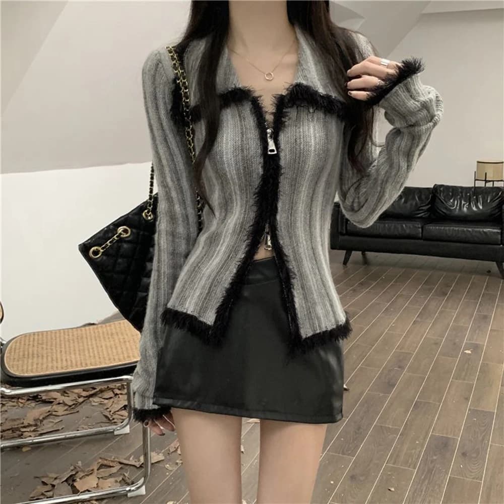 Women's Fashion Gradient Stripes Knitted  Dweater 2024 New Spring Autumn Big Bapel Two-Way Separating Zip Cardigan FemaeI Tops