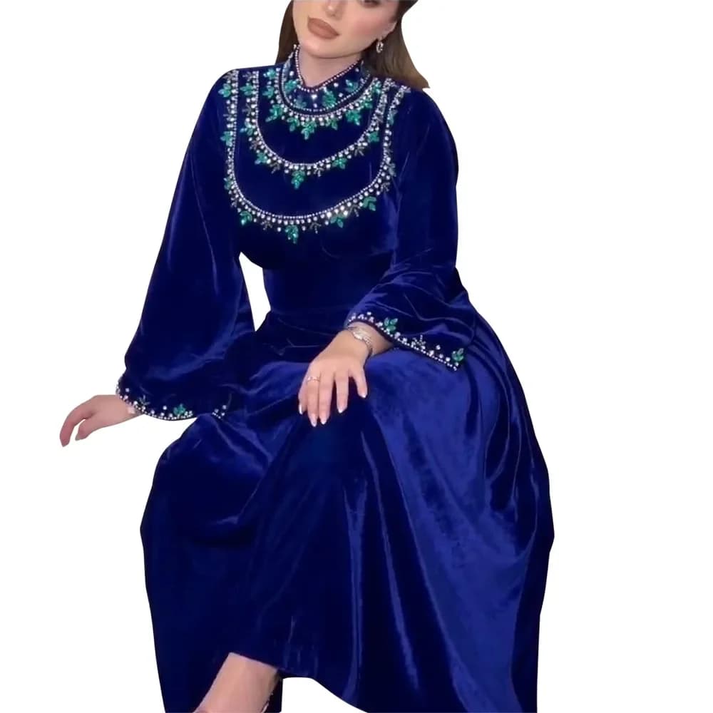 Abaya for Women Dubai Abaya 2024 Autumn Elegant Muslim Long Sleeve Blue Party Evening Long Abaya Muslim Dress Women Outfits