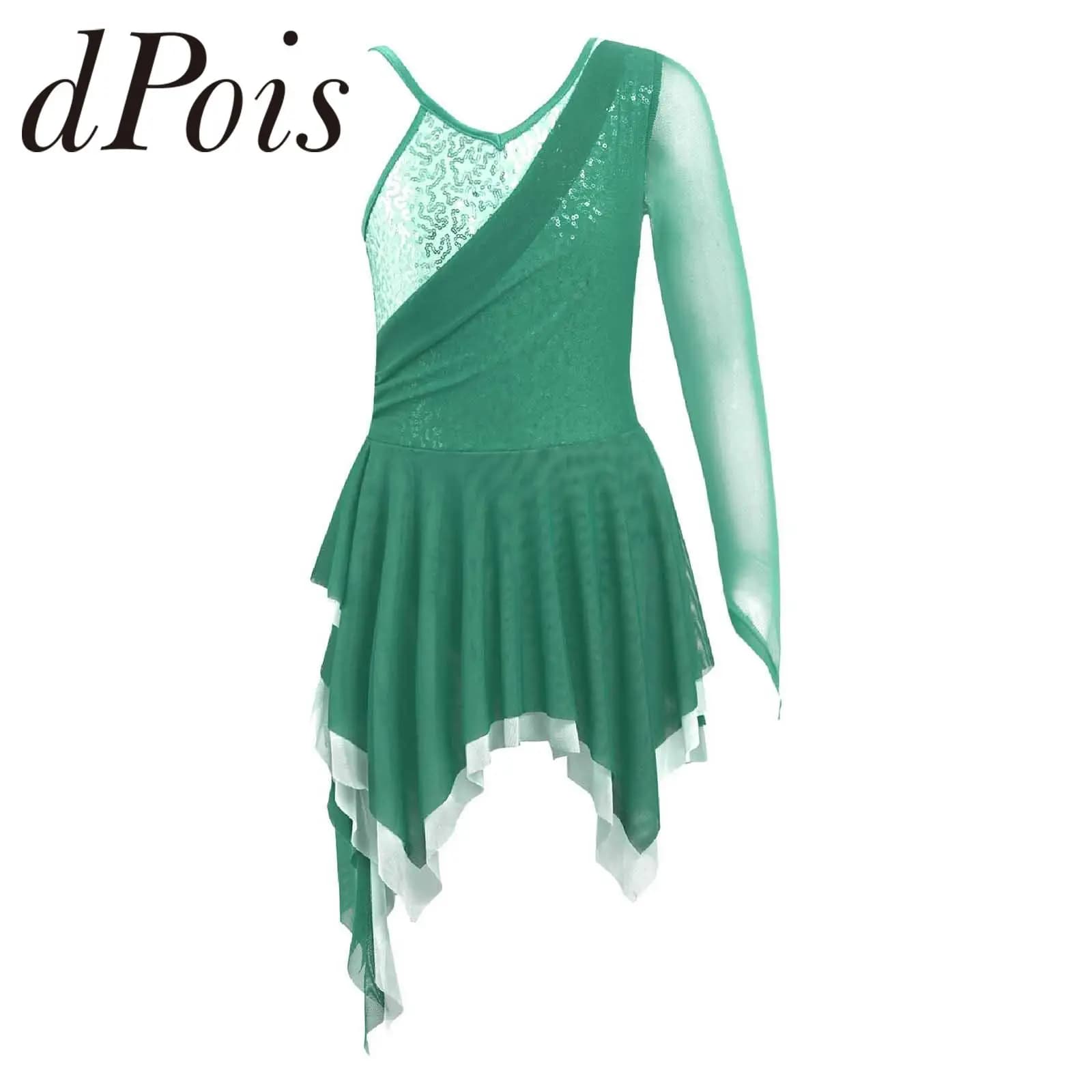 Child Ice Skating Costume Kids Girls Gymnastics Leotard Ballet Dress Shiny Sequins Mesh Irregular Hem Figure Ice Skating Dress