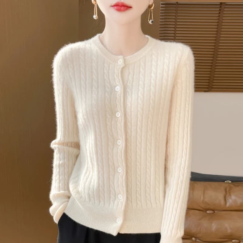 2024Autumn Winter New Long-sleeved O-neck Cardigan100%Merino Wool Cable Sweater Cardigan Solid Color Knitted Top Women's Clothes