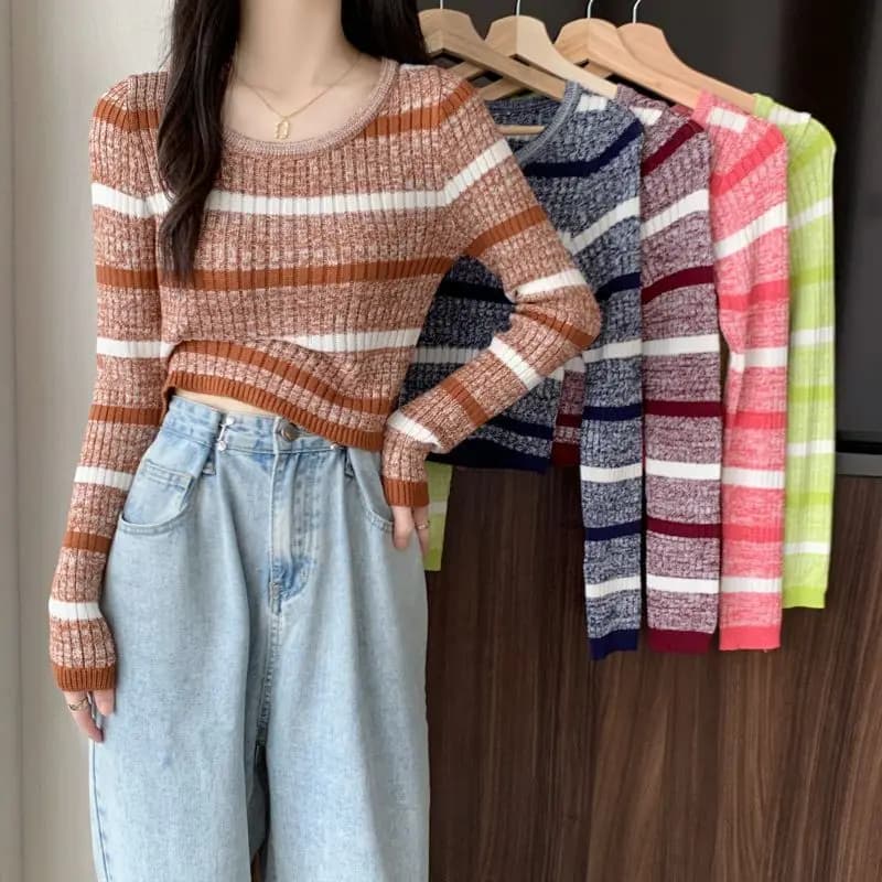 Knitted Sweater Women's Autumn New Style Striped Slim Fit Short Style Inner Layer Bottom Layer Long Sleeved Top