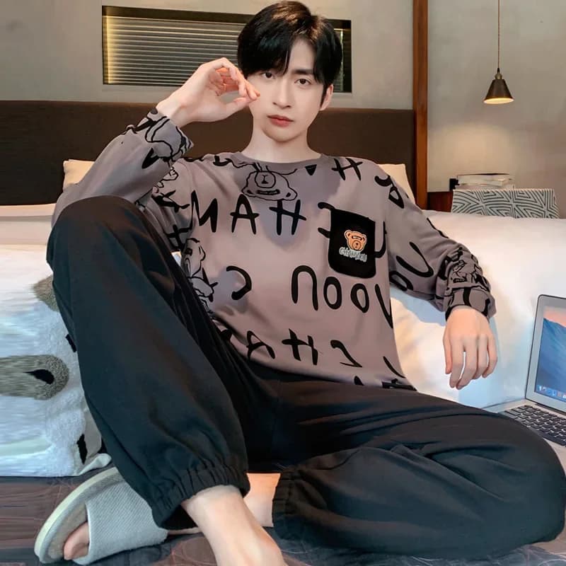 Two Piece Plus Size Men Pajamas Long Sleeve Loose Breathable Cartoon Bear Striped Letters Black Crew Neck Loungewear Set pj