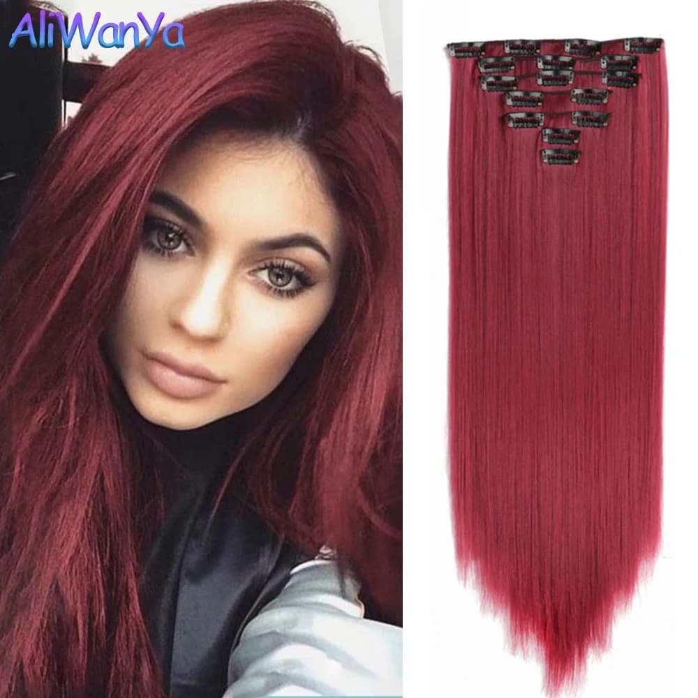 24Inch Synthetic Long Straight Hair Extensions 7pcs/Set 16 Clips in High Tempreture Fiber Synthetic Red Black Brown Hair Piece