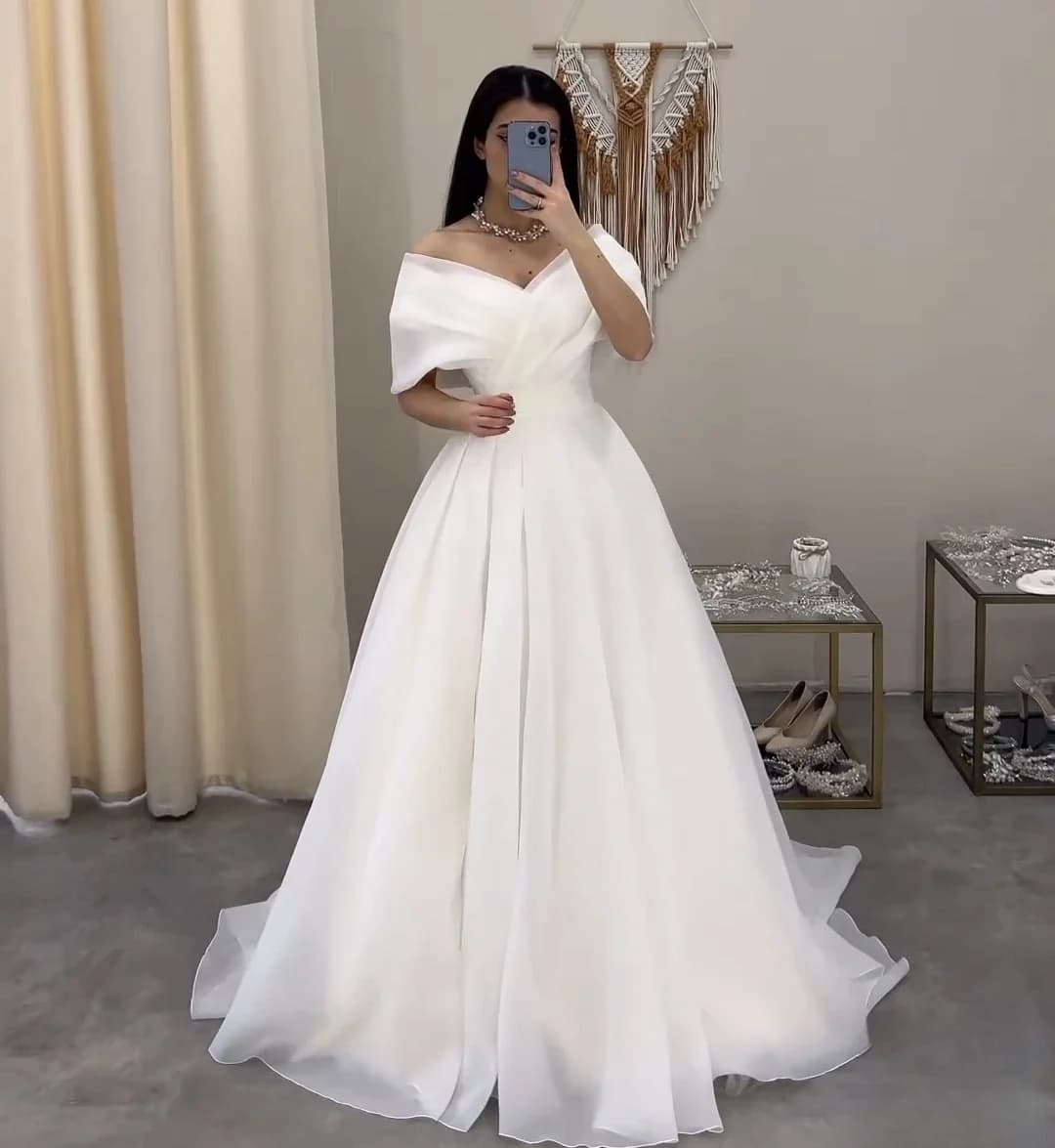 A-Line Organza Off The Shoulder Floor Length Wedding Dress Princess Tulle Long Pleat Bridal Gowns Custom Made Vestido de Novia