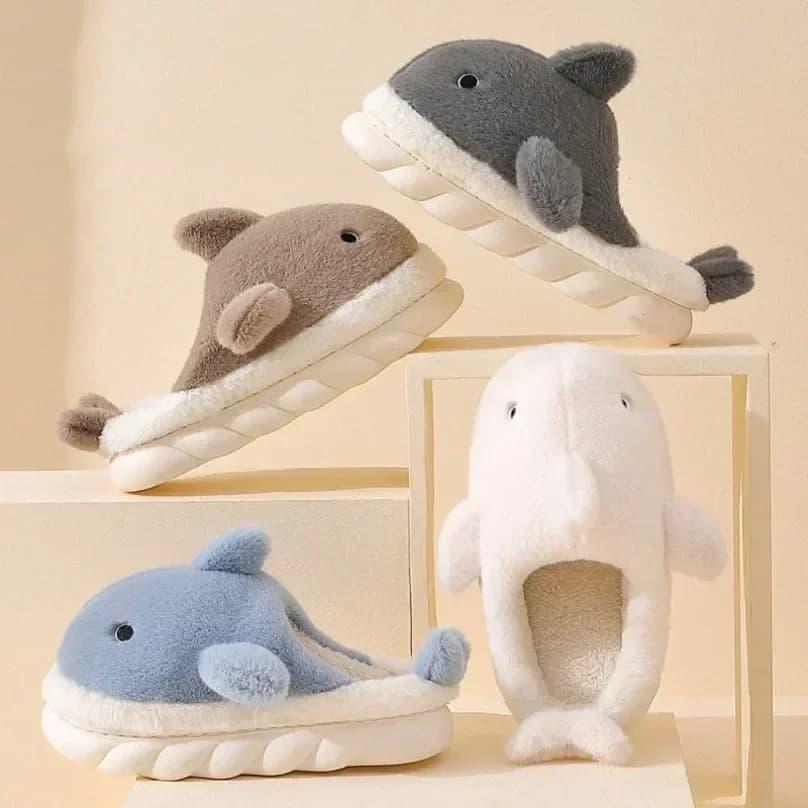 House Shark Slipper Women Fuzzy Winter Warm Cartoon Funny Fur Plush Non Slip Indoor Lazy Female Lovely Home Room Shoe Men Male