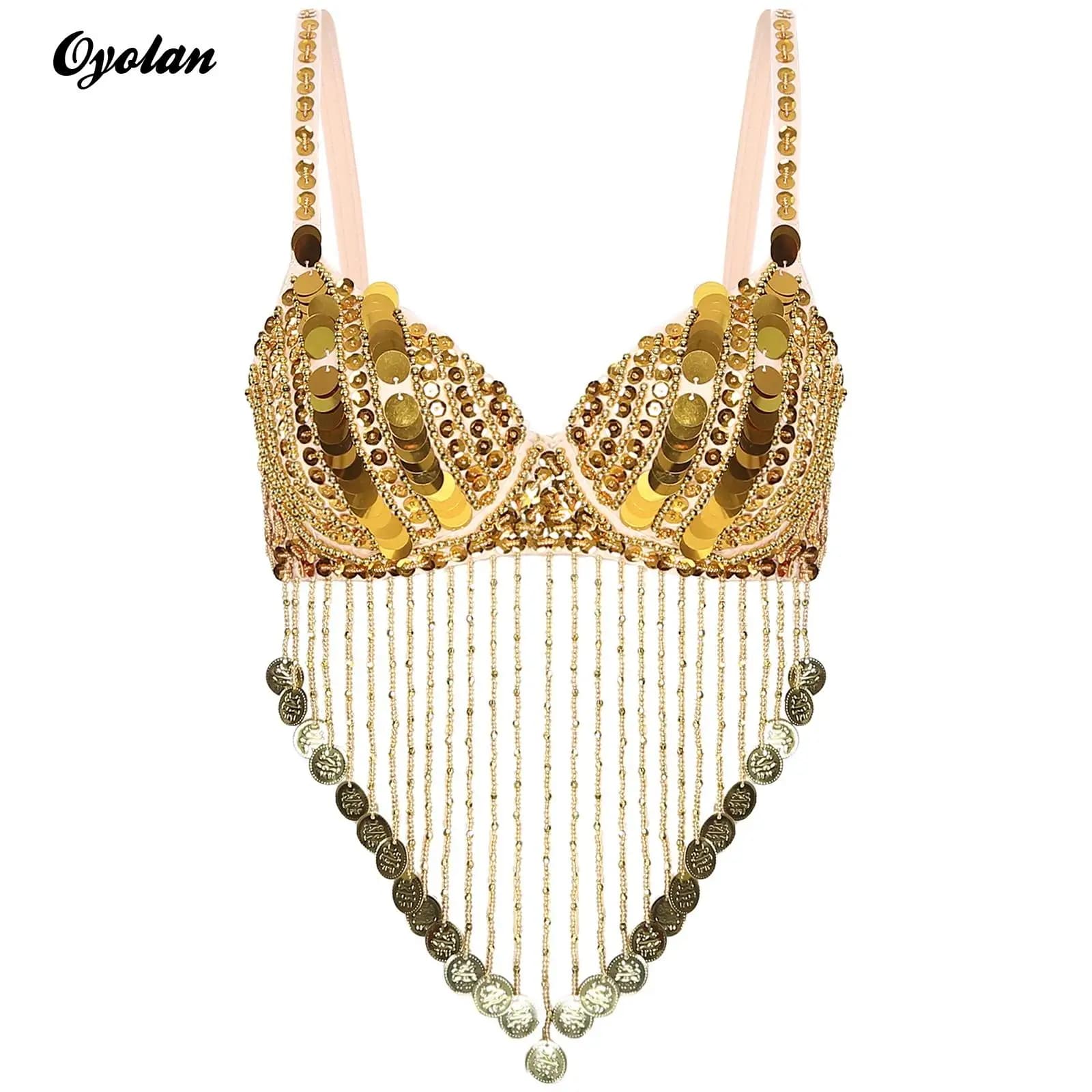 Womens Belly Dance Performance Costume Adjustable Straps Shiny Sequins Plastic Beaded Tassels Underwired Bellywood Bra Tops