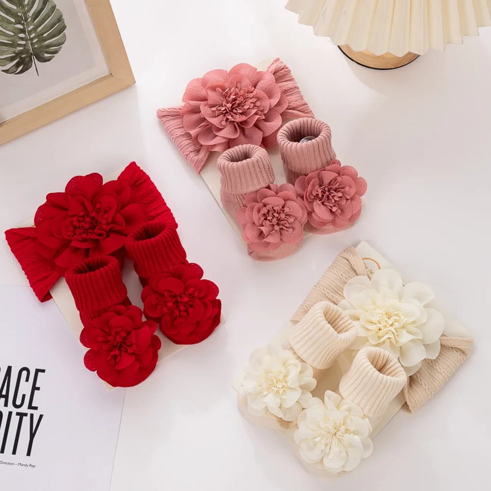 3Pcs/Set Lace Flower Baby Headbands Socks Wing Bow Cotton Non-slip Anklet 0-12M Stockings Wide Elastic Hairbands Infant Socks