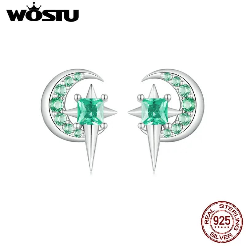 WOSTU 925 Sterling Silver Star Moon Stud Green Zircon Earrings For Women  Exquisite Shiny CZ Party Ear Studs Girl Birthday Gift