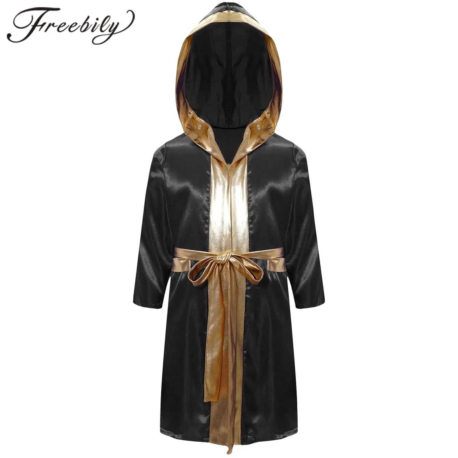 Kids Boys Boxing Robe Thai Kickboxing Costume Long Sleeve Open Front Hoodie Cloak with Belt Halloween Workout Fitness Clothes