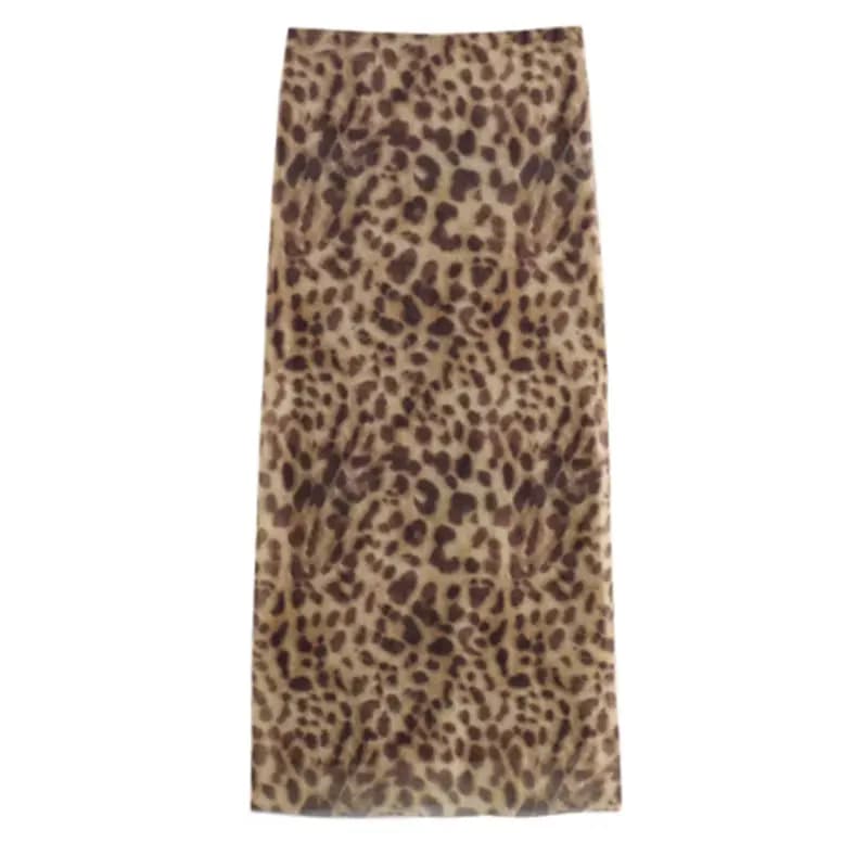 Women Leopard Tulle Midi Skirt 2024 Summer Fashion High Waist Elasticated Waistband Long Skirts Streetwear