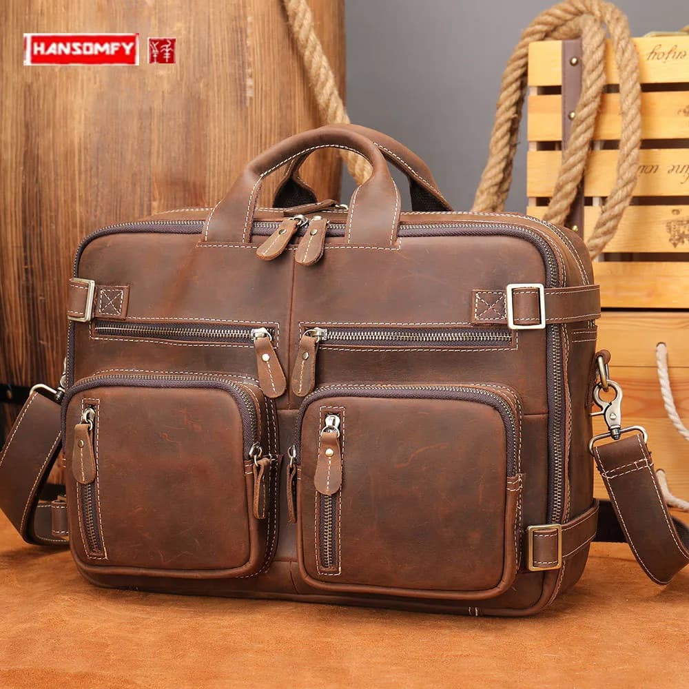 Genuine Leather Men's Crossbody Handbags Briefcase Crazy Horse Leather Computer Backpack Retro Cowhide Shoulder Messenger Bags