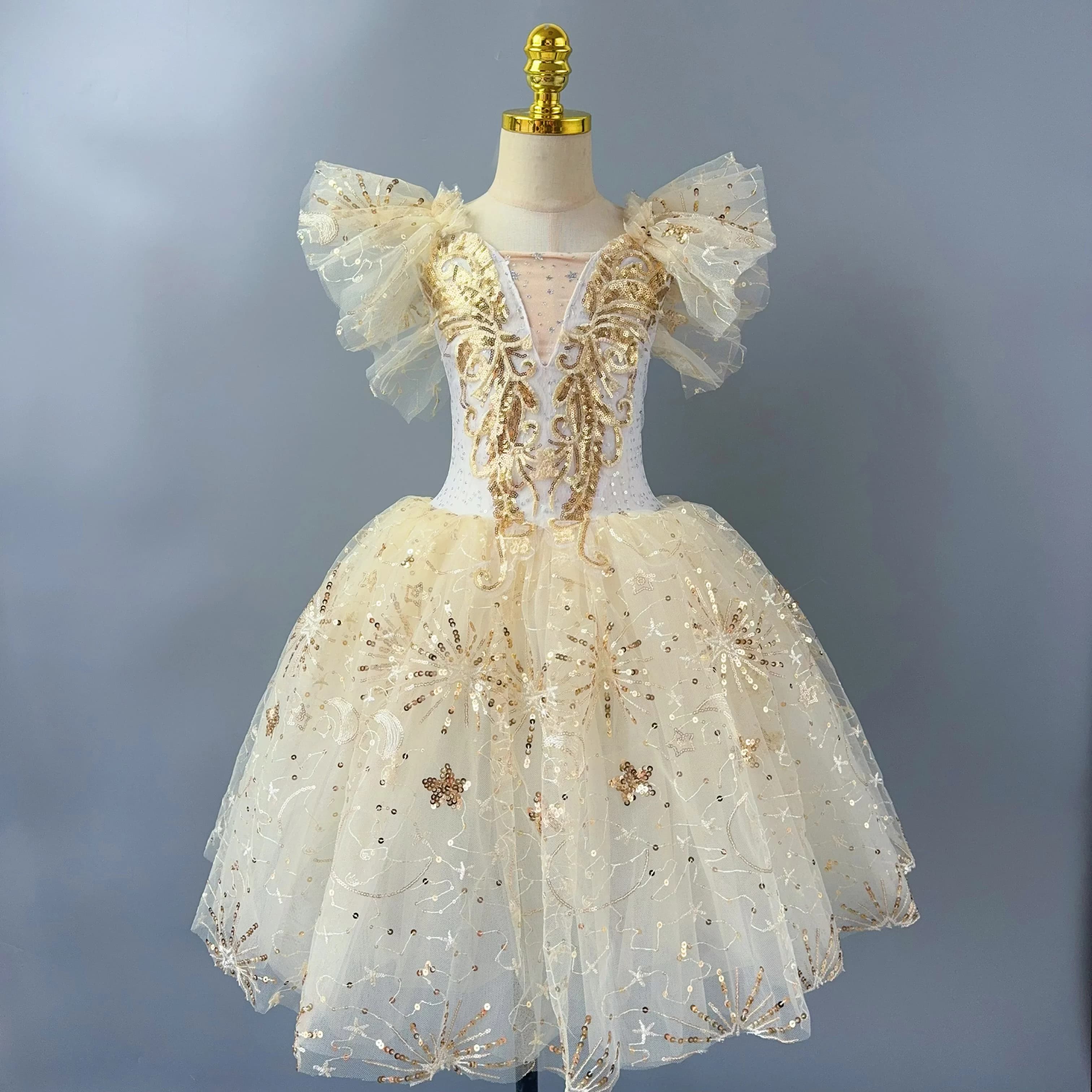 Romantic Children Ballet Tutu Dress Girl's Dance Skirt Gold Sequin Ballet Skirt Ballet Performance Clothing Long Princess Dress