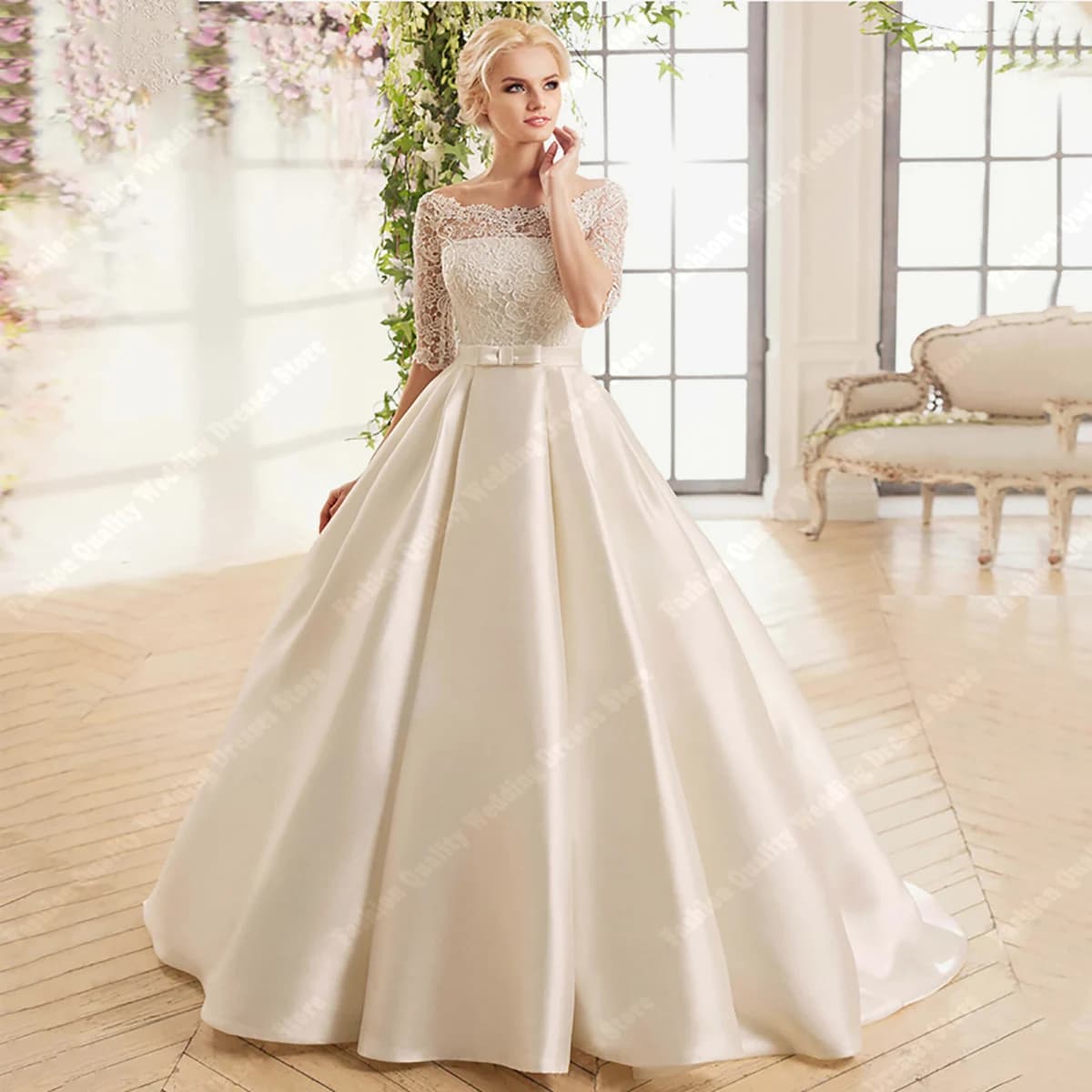 High Quality Round Neck Bride Dresses Classic Bright Satin Wedding Gowns New Graceful A-Line Wedding Vestido De Novia Customized
