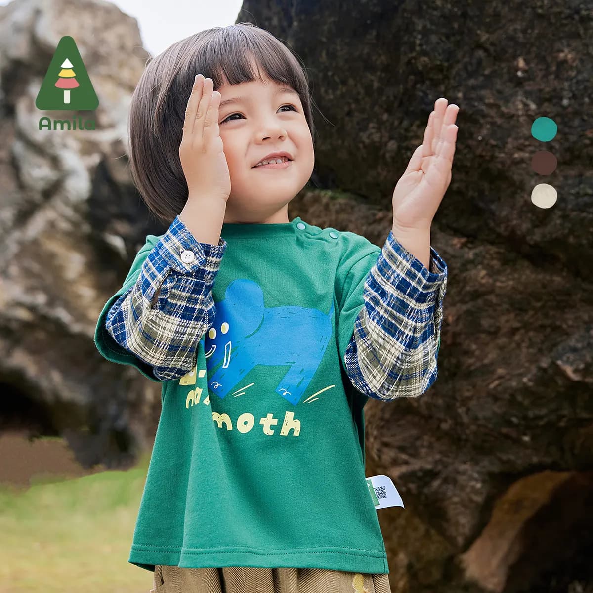 Amila Baby T-Shirt 2024 Autumn New Boys And Girls Casual Fake Two-Piece Plaid Stitching Outdoor Cartoon Children’s Long Sleeve