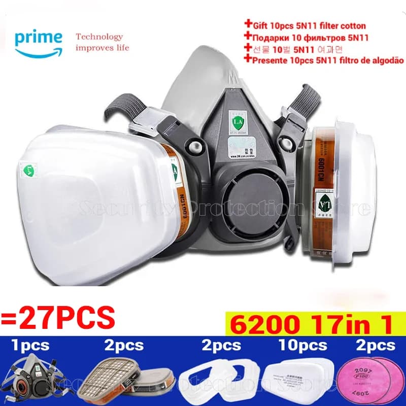 17in1 6200 Gas Mask Chemical Respirator Protective Half Face Mask Industrial Paint Spray Anti Organic Vapor 6001/2097 Filter